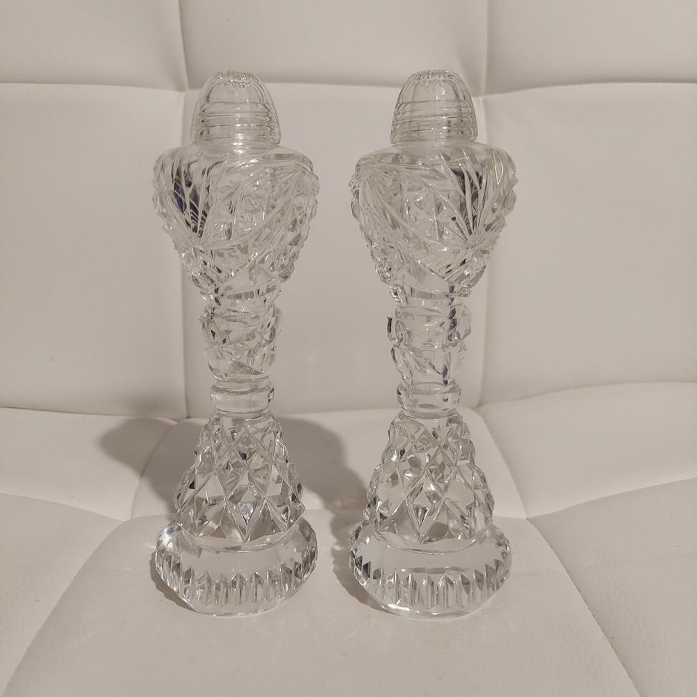 1930's Art Deco Heavy Cut Crystal Pedestal Salt & Pepper Shakers w Threaded Tops